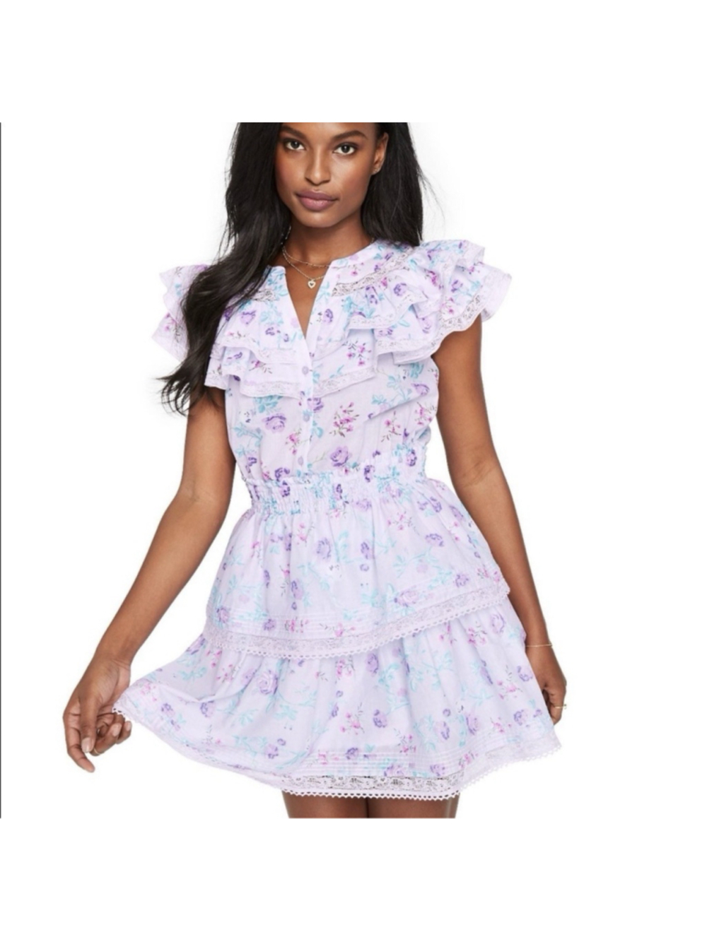 LoveShackFancy x Target Lou Double Ruffle Dress Small Purple Floral Cottagecore